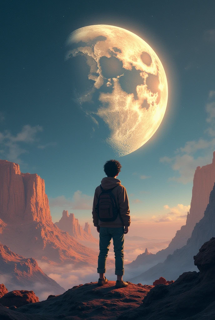 A teenager looking at moon in space focus on background change the background to any planet