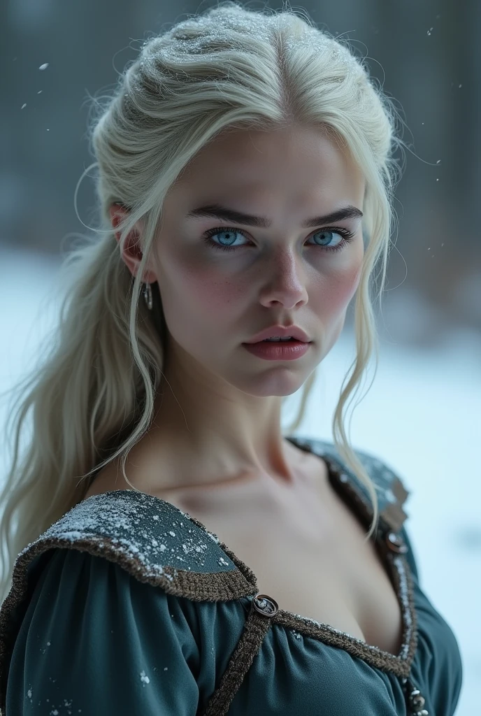 Marie avgeropoulos in game of thrones. She is a Stark and she has very very very pale blue eyes. She looks like a northern queen. Realism. Long hair and with a dress. She supports the cold so she doesnt have any fur or coat. See all of her body. Her eyes are almost transluscent
