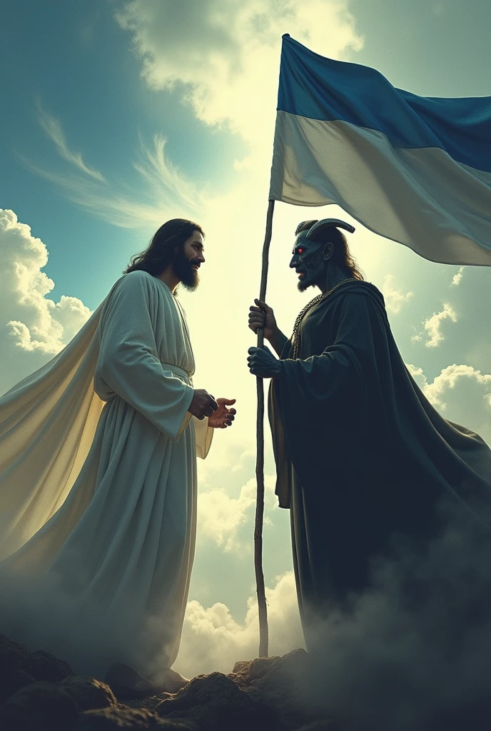 Jesus and Satan each holding a tricolor flag of blue, white and black
