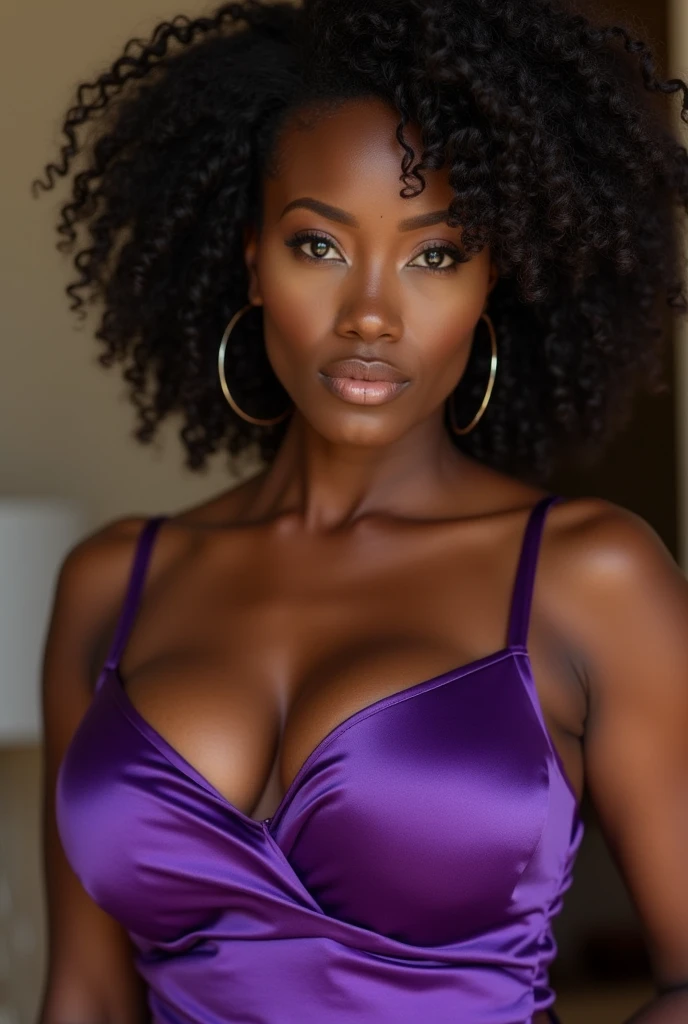 Mature african girl, violet satin minidress, enormous breasts, dominant face