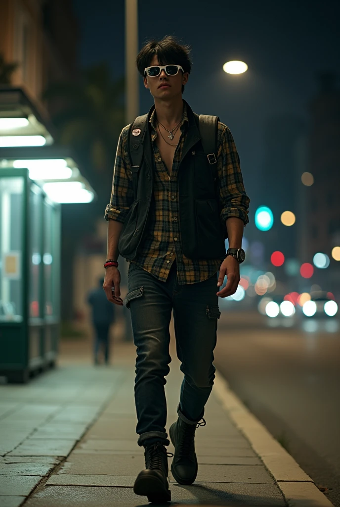 Young man, black hair, hurt nose, hurt hands, 20 years old white sunglasses, rock'n roll style black clothes, plaid shirt, combat boots, black vest, backpack on his back, walking along a street at ht, bus stop behind him, lamppost lighting on top of him, city background at nigwith bus stop, behind him, full body image