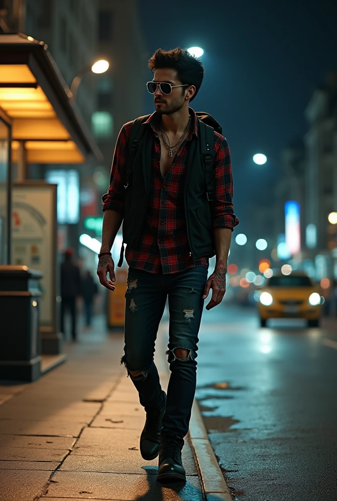Young man, black hair, hurt nose, hurt hands, 20 years old white sunglasses,  rock'n roll style black clothes, plaid shirt, combat boots, black vest, backpack on his back, walking along a street at night, bus stop behind him, lamppost lighting on top of him, city background at night with bus stop, behind him, full body image