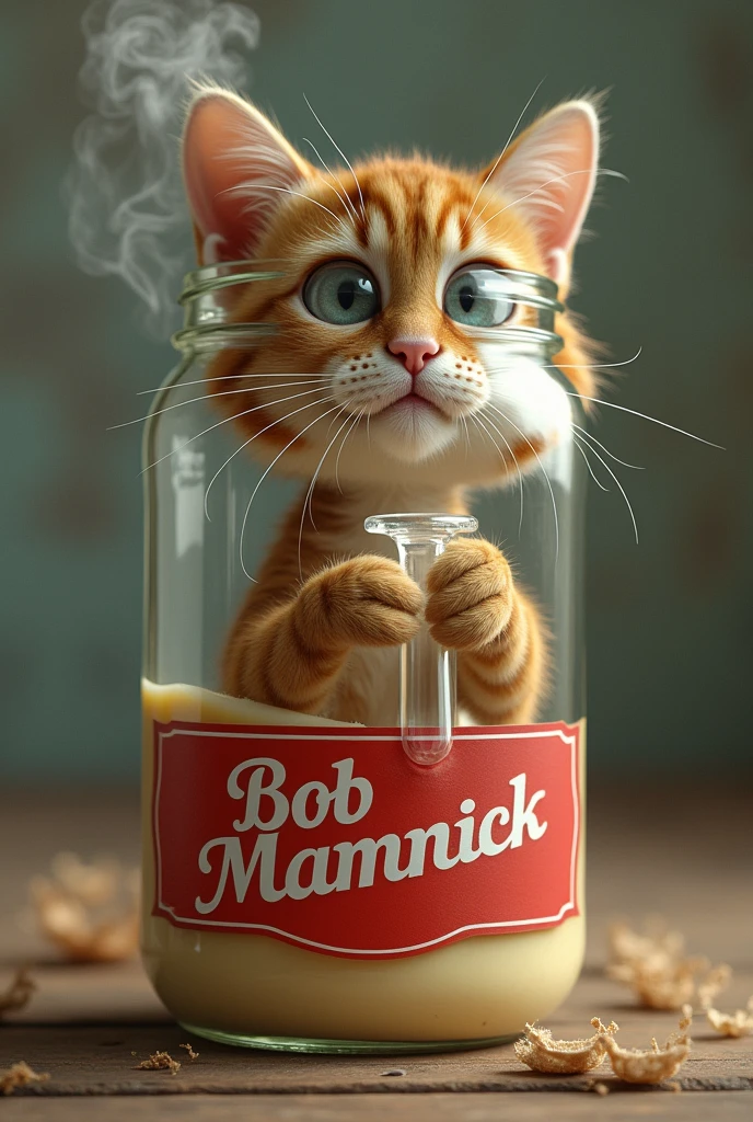 Could you take me a picture of a Cat Smoking a Bong?, that is in a mayonnaise jar, have the red label that says Bob McCormick 