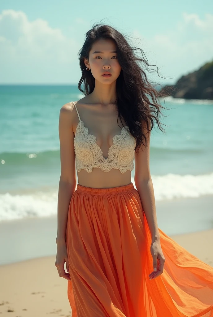 A young and beautiful Korean woman with curly hair, wearing a skirt similar to those of Spanish gypsies, standing by a beach where no other people are visible.