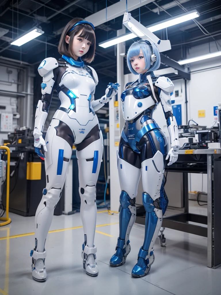 masterpiece, Highest quality, Very detailed, Japanese Android girl,Plump ,Control panel,robot arms,robot,Android,cyborg,white robot body,Ceramic body,perfect robotgirl,Blunt bangs,robot repair plant,Chubby,Knee-high socks,blue eyes,