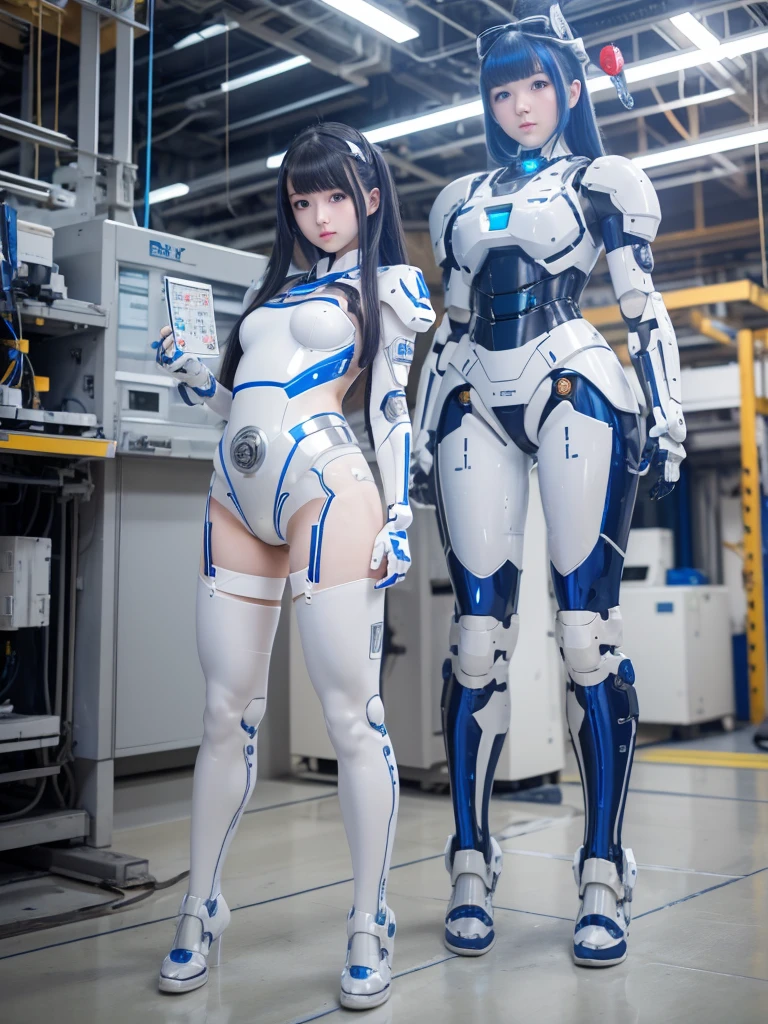 masterpiece, Highest quality, Very detailed, Japanese Android girl,Plump ,Control panel,robot arms,robot,Android,cyborg,white robot body,Ceramic body,perfect robotgirl,Blunt bangs,robot repair plant,Chubby,Knee-high socks,blue eyes,