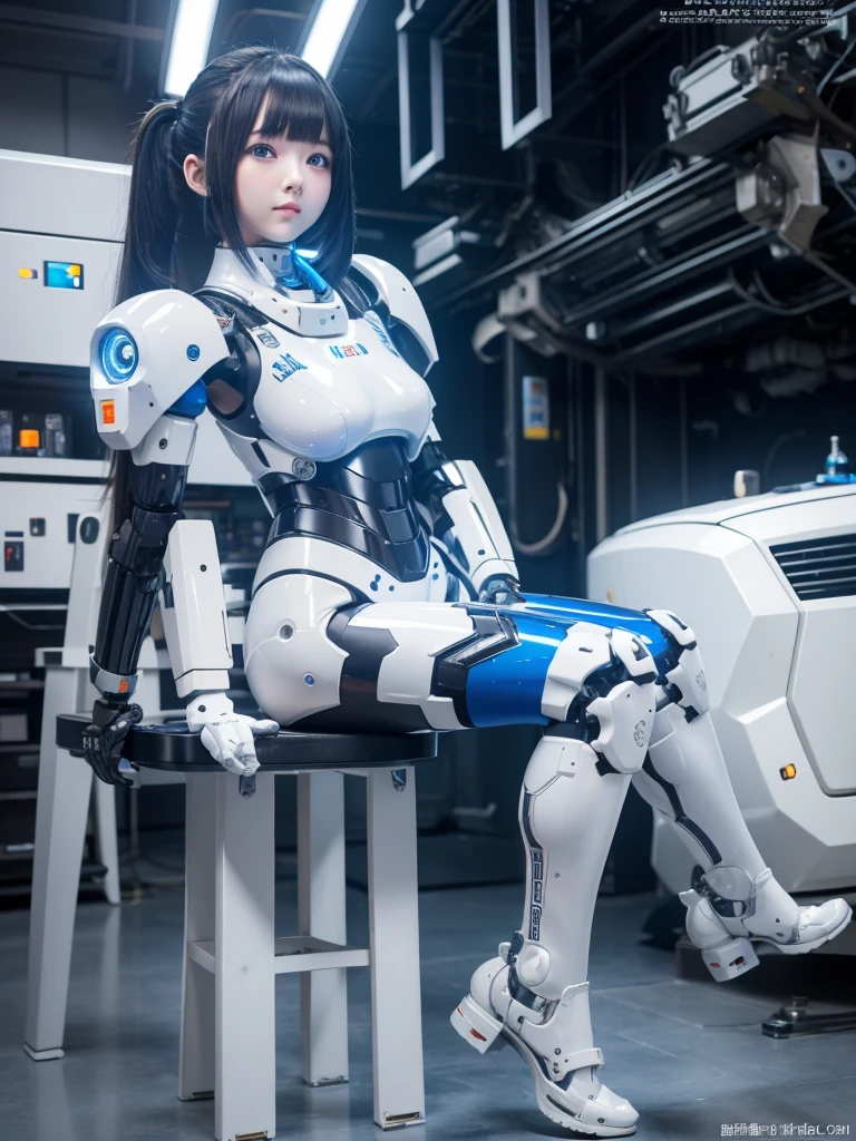 masterpiece, Highest quality, Very detailed, Japanese Android girl,Plump ,Control panel,robot arms,robot,Android,cyborg,white robot body,Ceramic body,perfect robotgirl,Blunt bangs,robot repair plant,Chubby,Knee-high socks,blue eyes,