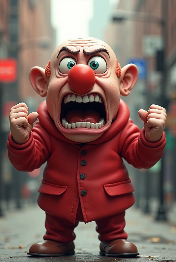 Voter with a clown nose, frustrated and angry, wearing red clothes, in street, yelling, in 3d drawing format
