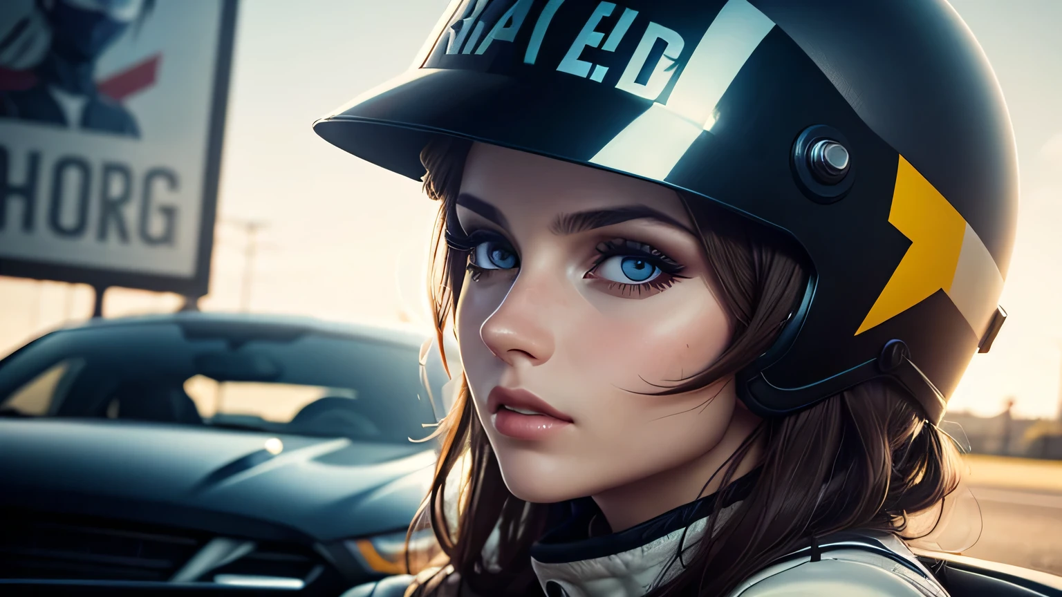 woman driver wearing a racing helmet, racing driver, looking straight ahead, poster, beauty eyes, dark background, vogue style