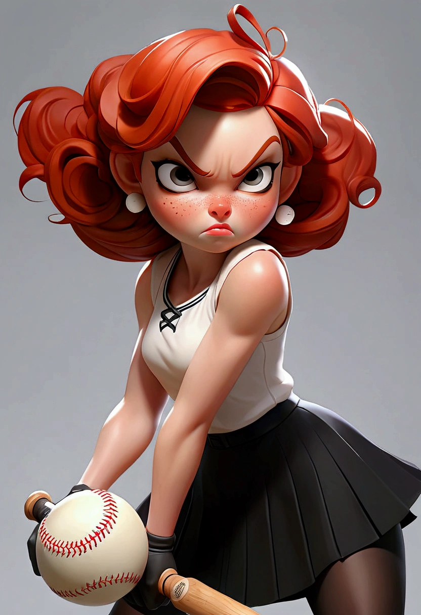 masterpiece, Best Quality, super rendering, super Realistic, High Detail Face, Clean and delicate face, whole body, crouching and holding a baseball bat, gripping the bat anatomically correctly, red hair, wearing a sleeveless top and a pleated mini skirt, black pantyhose, white short boots, glaring at the viewer, simple color background