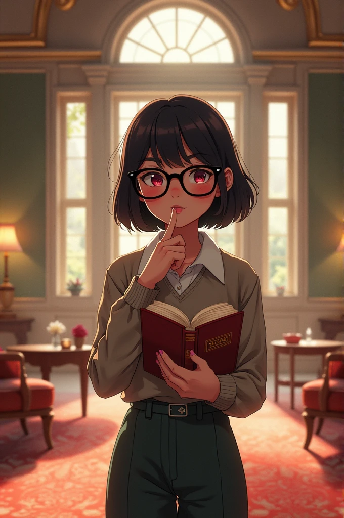Nerd style girl inside the room of a very large mansion while holding a book and covering her mouth with a finger on her lips with an embarrassed and all red face