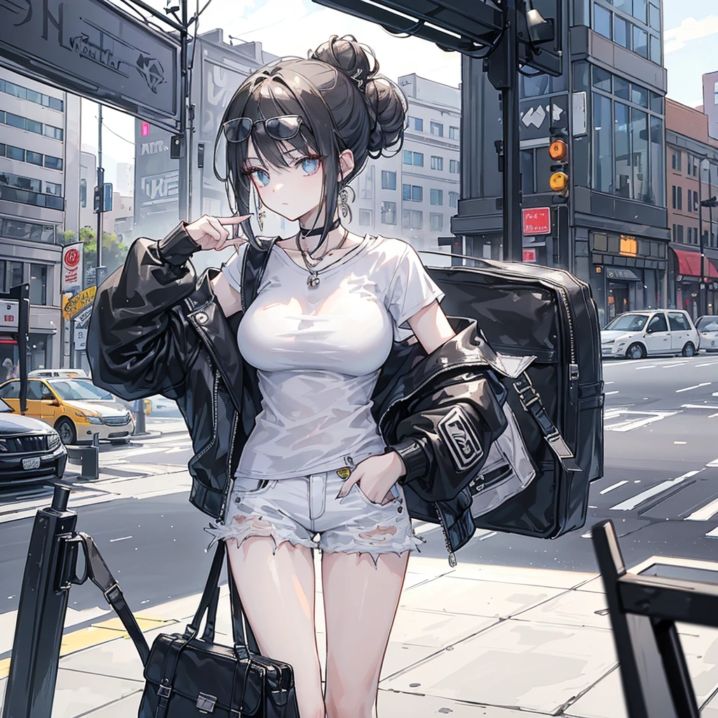 (masterpiece:1.2, best quality), 1. Ms., Solitary, Upper Body, Big , Chic and avant-garde leather jacket with white T-shirt and ripped jeans,Light makeup and messy bun,Confident and relaxed (Music festivals or trendy downtown neighborhoods) Statement sunglasses and large jewelry, Comes with a convenient crossbody bag
