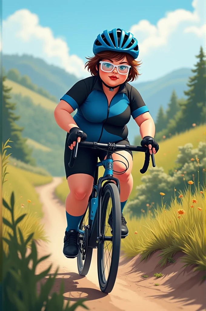 A chubby brunette cyclist on a mountain bike with short brown hair, using rust lipstick, cycling glasses in transparent white color, black shorts and blue and black cycling jersey, wearing blue helmet, blue socks and black sneakers, cycling in a rural area.
