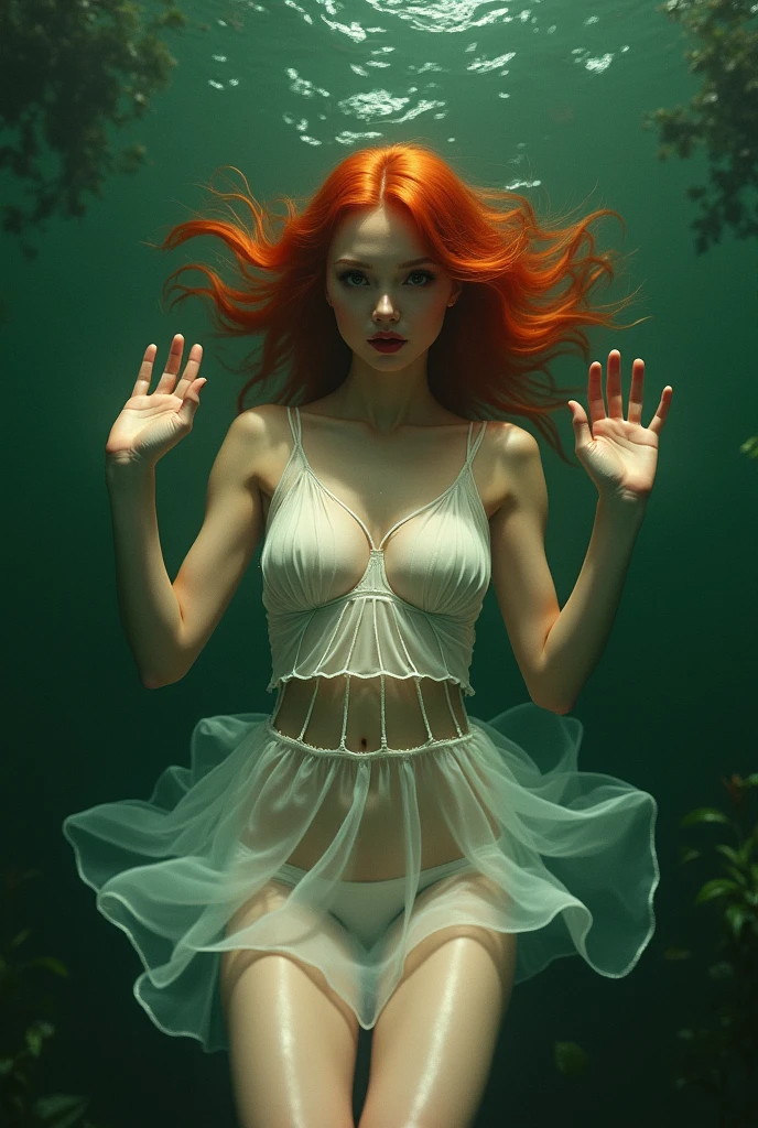 (photorealism:1.2), beautiful woman, red hairstyle, in a lake with mud, green lagoon with algae, wearing a white dress with a lampshade underneath, wearing a pantie, with her hands up, dark and gloomy atmosphere, transparent dress, realistic, intricate details, warm color ambient