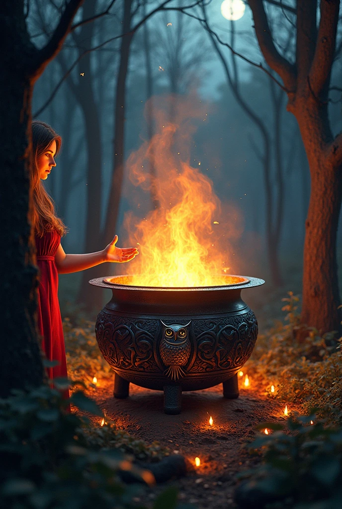 iron cauldron with an owl and a pentagram in relief, catching fire in the middle of the dense forest at night and a woman's hand on top in contact with the fire doing magic
