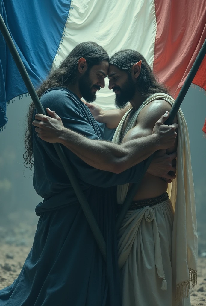 Jesus and Satan embraced holding a tricolor flag in blue, white and black