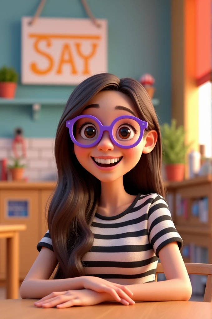 create a pixar style 3d image with a woman with light skin color and purple glasses, Long brown hair ,smiling toothless and sits near a shopping logo with black and white striped blouse