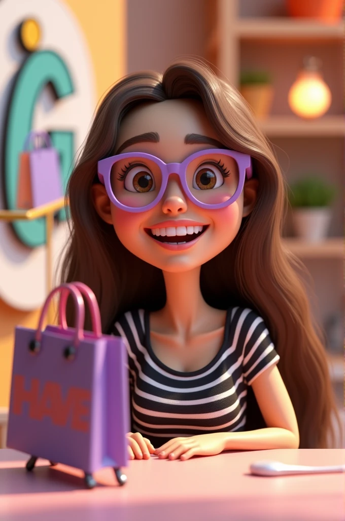 create a pixar style 3d image with a woman with light skin color and purple glasses, Long brown hair ,smiling toothless and sits near a shopping logo with black and white striped blouse