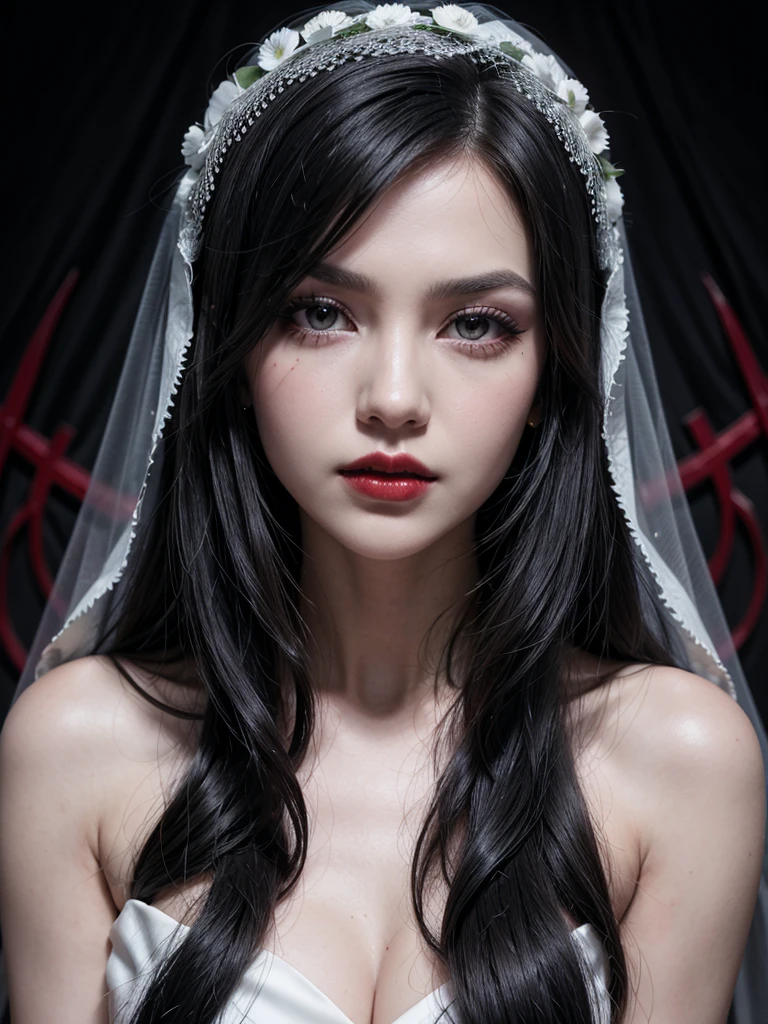 a beautiful evil woman, runaway, bride, long black hair, black eyes, black makeup with cherry red lipstick, white wedding dress with some red stains, knife, wreath veil, background a dark sinister chapel