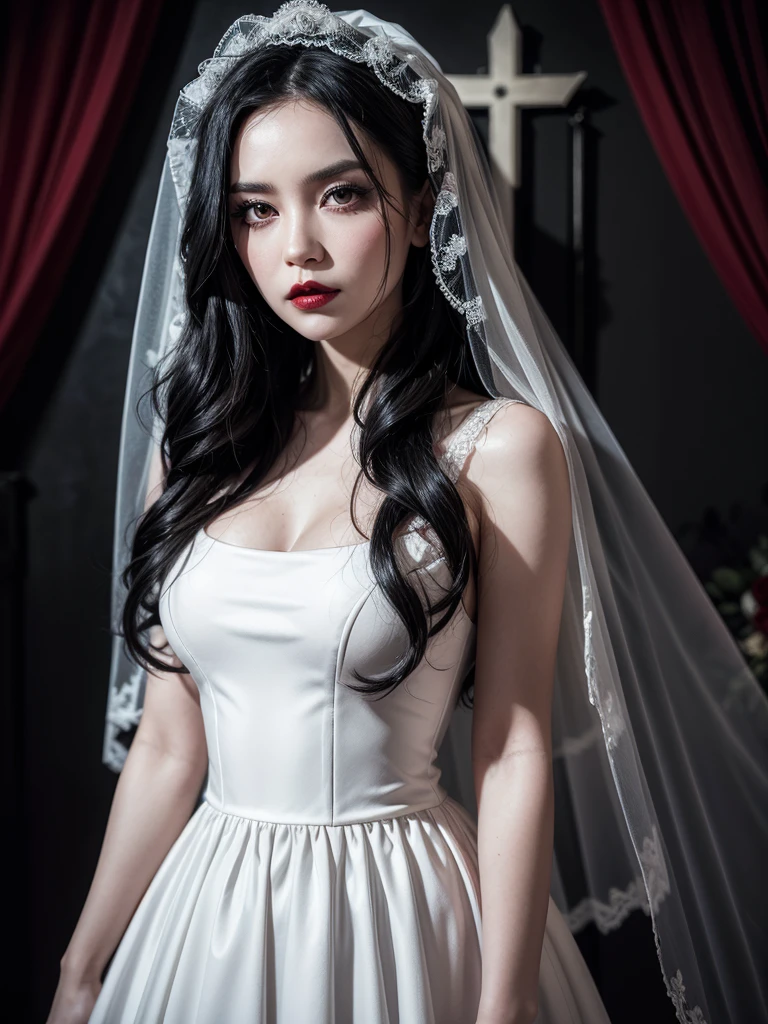 a beautiful evil woman, runaway, bride, long black hair, black eyes, black makeup with cherry red lipstick, white wedding dress with some red stains, knife, wreath veil, background a dark sinister chapel