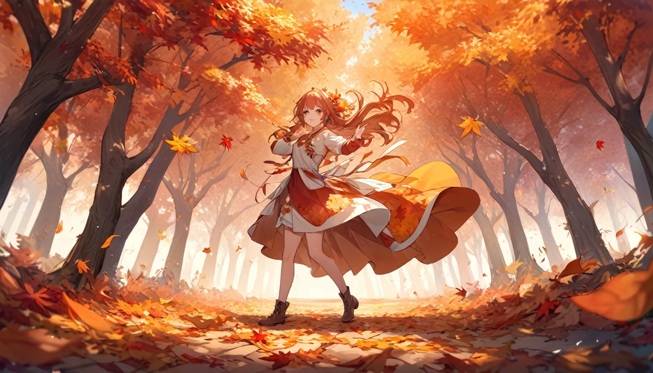 **309. One person。Personification of autumn leaves。The personification of autumn leaves, symbolizing the change and end of seasons。Cowboy shot or close-up。
masterpiece, best quality, ultra detailed (Detailed fingers), (Emotional), (Breathtakingly beautiful),
(main part: 1.2 Whole body。), (Anime Style), (Very detailed), (Personification of autumn leaves),
(超High resolution, High resolution), (8k), (High resolution: 1.2), (Complex and beautiful: 1.2)**
- background: Quiet forest in autumn、A landscape of red and yellow fallen leaves covering the ground。
- Personification: Young woman, around 18 years old、Wearing a warm dress that looks like it's covered in fallen leaves。
-pose: Stepping on fallen leaves、Dancing in the autumn wind。
-expression: Quiet and calm、An expression that makes you feel the end of the season。
- Effects: Fallen leaves flutter in the wind、An effect that spreads a warm hue around the image。
-color: Red and orange、A color that symbolizes the warmth and loneliness of autumn。