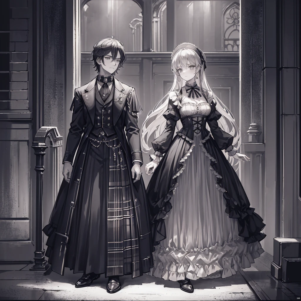 There was a man standing side by side with a woman in costume, Victorian-era science fiction inspired, Hugh Kretschmer, tartan garment, wearing ornate armor, Daguerreotype, Photography 2009, Movie widescreen lens, Black and white color photography, Fashion photography fine art, CG Society!, in mad max style, Scottish folklore, Kenny McBride  