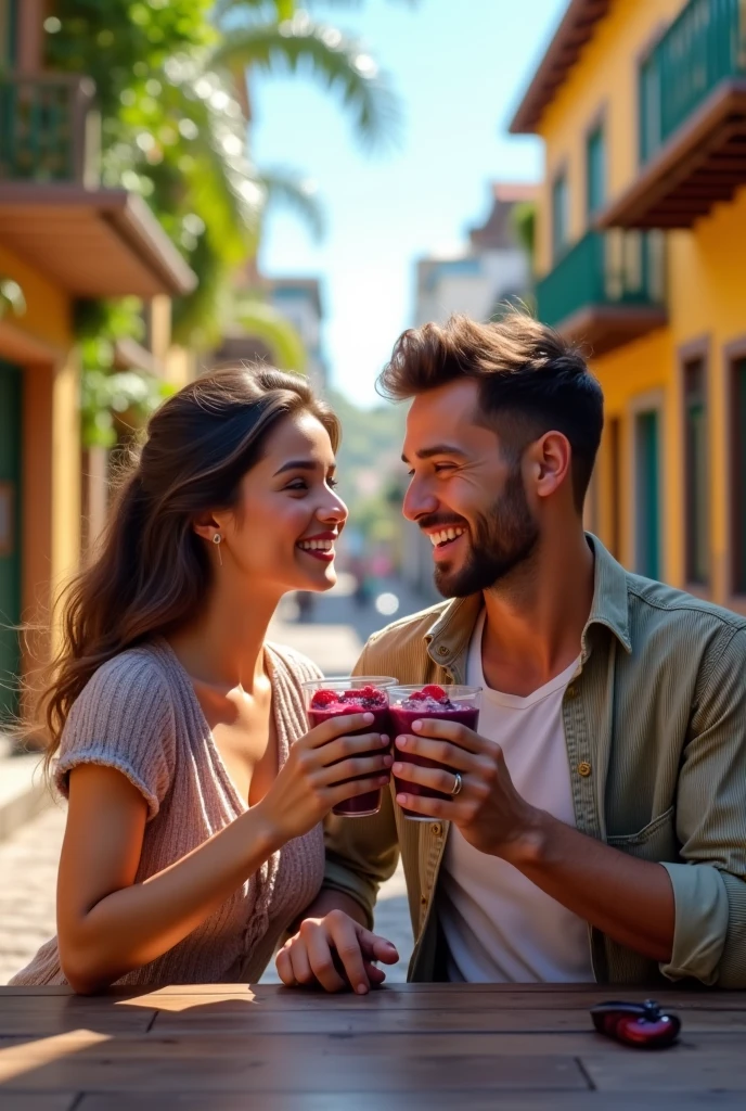 Realistic Man and Girlfriend 25-35 years old, in Maceió Brazil eating açaí in a cup , ultra HD, high qualiy, best qualityer, high resolution, 8k, 16K
