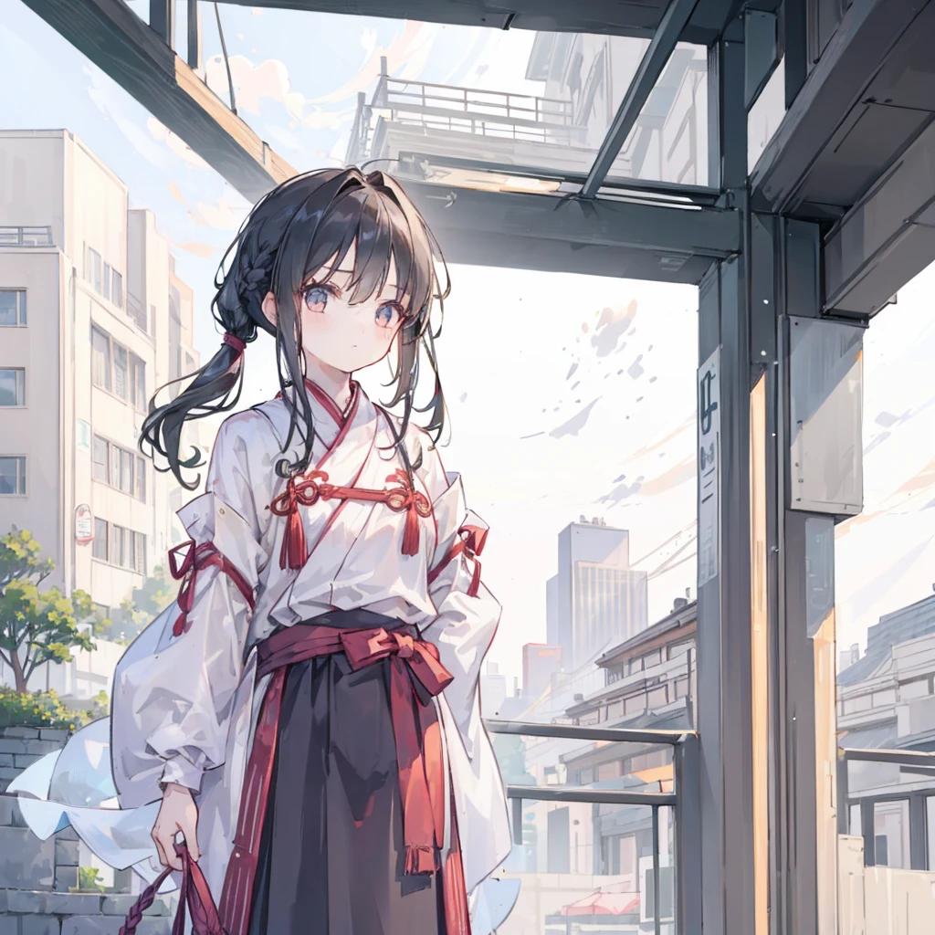((1 Girl)),((architecture)), Braided Bangs,braided ponytails,(Solitary:1.2), Black Hair, 16 years,Looking at the audience, Sunlight,Hanfu, chengqiang,