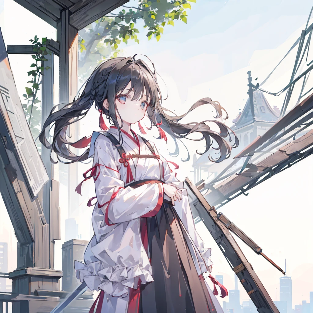 ((1 Girl)),((architecture)), Braided Bangs,braided ponytails,(Solitary:1.2), Black Hair, 16 years,Looking at the audience, Sunlight,Hanfu, chengqiang,