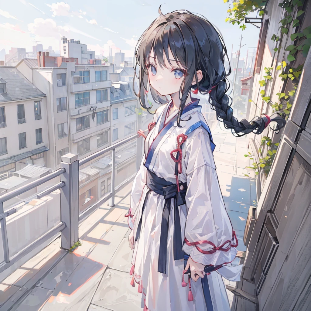 ((1 Girl)),((architecture)), Braided Bangs,braided ponytails,(Solitary:1.2), Black Hair, 16 years,Looking at the audience, Sunlight,Hanfu, chengqiang,