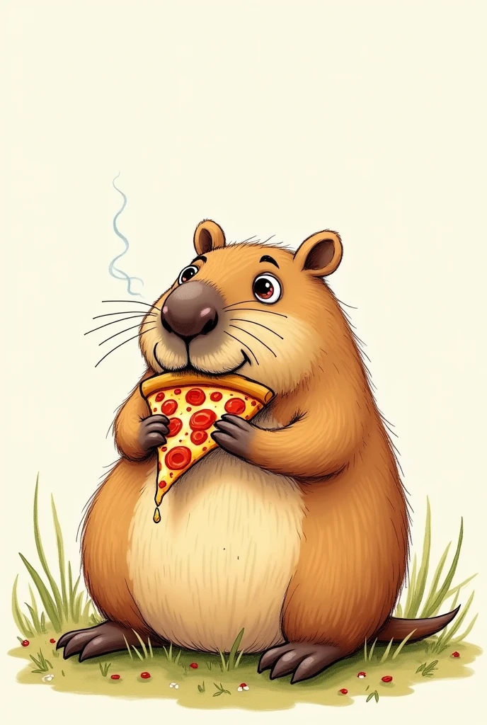 Make a picture of a BROWN CAPYBARA EATING A PIZZA. Make this drawing as if it were a drawing on paper