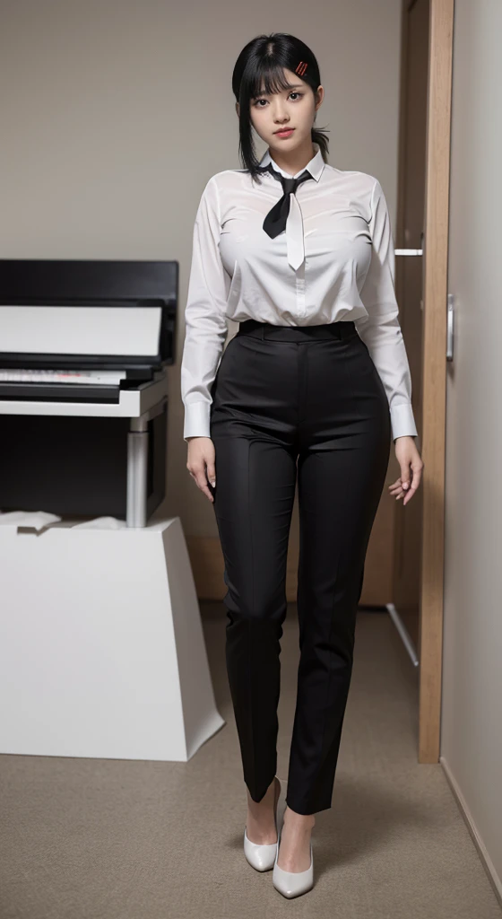 Highest quality、Ultra-high resolution、Professional Lighting、Detailed Background、workroom、full body,Kobeni-chan、A sloppy smile、25-year-old woman、beautiful girl、(Kobeni-chan、Jet black hair, Black Hair, bangs, One-sided hair,)、(Red Hair Clip:1.1)、(White shirt:1.2)+(Black tie:1.2)+(black long pants for work:1.2)、(Huge breasts that look like they might burst:1.2)、(Big thighs:1.1)、Are standing、Model pose, wet shirt, see through shirt