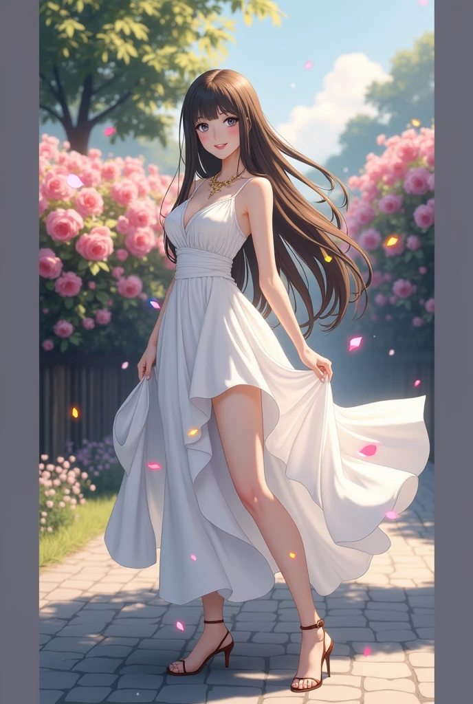 (masterpiece、Highest quality、8k、High resolution)、(One female、Beautiful Face、Beautiful eyes、Beautiful lips、Beautiful nose)、smile、The white upper teeth are faintly visible、Brown-black hair、(The best girl in anime)、garden、blue sky、Colorful flowers are blooming、Vibrant colors、Red roses are beautiful、(Body、whole bodyから神秘的な光の粒子、Colorful light particles、A mysterious light glowing around the head)、melt、jewelry、necklace、dress、(whole body)、Highly detailed anime art、A complete portrayal、