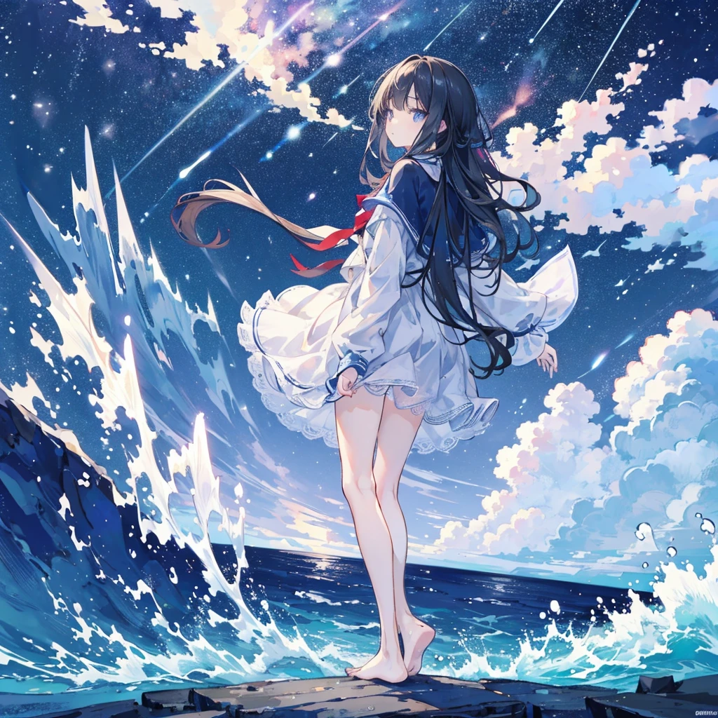 ((masterpiece, best quality)), night, Thin clothes, girl, Put one foot in the water with only the toes, girl standing, girl sideways, girl between the horizon and the sea, View from the side, Ripples spread from the toes, The scene of the incident is about 20 meters away from us, above sea level, night, The whole scene sparkles, There is a meteor shower