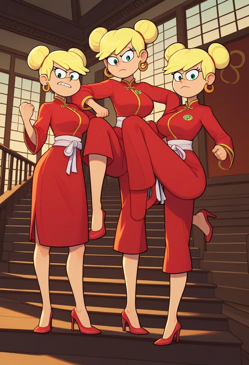 leni loud, 3girls, trio, 24yo girl, large breasts, green cheongsam,  inside of a chinese temple, looking at viewer, blonde hair, two hair buns , hands  score_9, score_8_up, score_7_up, high heels, teep fighting stance,martial arts, stairs behind her, guarding the stairs, a door behind the stairs, they are twins