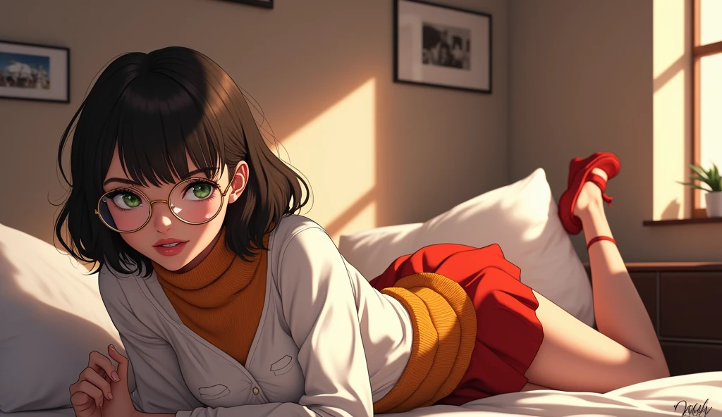 High Definition, 8K quality, masterpiece, Velma, (seductive), dream girl huge breasts, beautiful face, kiss lips, short bob hairstyle, long bangs, perfect make up, realistic face, detailed eyes, Jade green eyes, Brown hair, eyelashes, bedroom, Lying on the bed, eyes to the viewer, orange knit turtleneck sweater, glasses with clear lenses, red schoolgirl skirt, face smile, Full body photo, showing off loot,