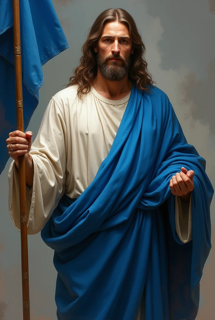 Jesus holding a tricolor flag in blue, white and black