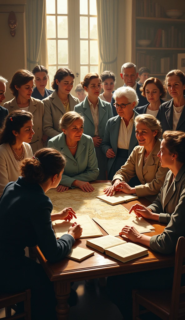 A historical meeting of women discussing their rights.
