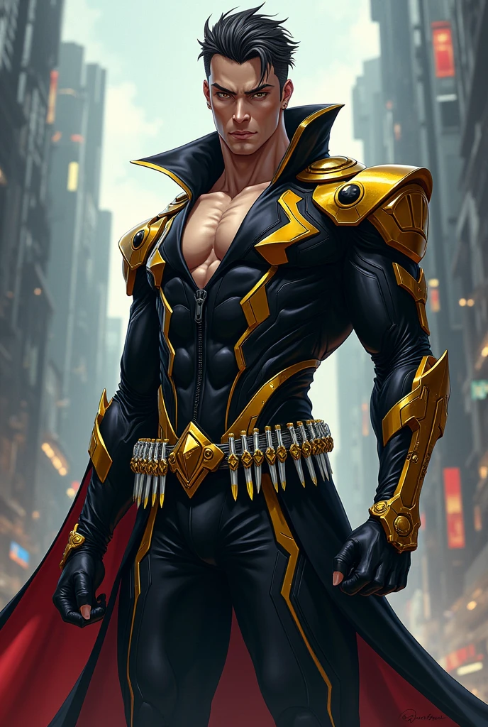 Make me a super villain whose flash-type suit is black and gold, that he doesn't have a mask or a blindfold and that his belt has knives and knives in anime version.