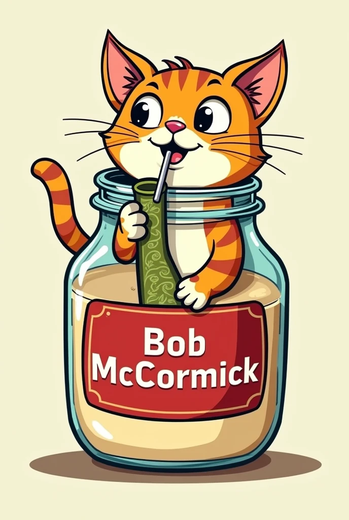 Could you take me a picture of a Cat Smoking a Bong?, that is in a mayonnaise jar, have the red label that says Bob McCormick You could make it more like a cartoon and it's for a logo