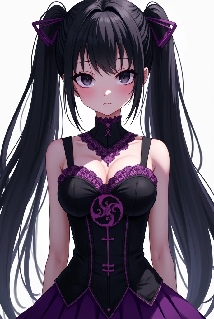 Black eyed anime girl, pale skin frowning face, black hair with two long straight ponytails, black corset with purple lace and black and purple skirt, Kuromi symbol, anime styling.
