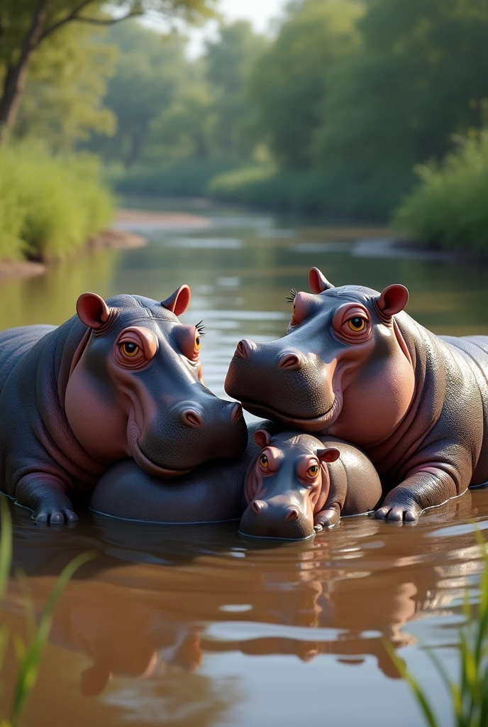 Two hippos bathing in a river holding a baby hippo  