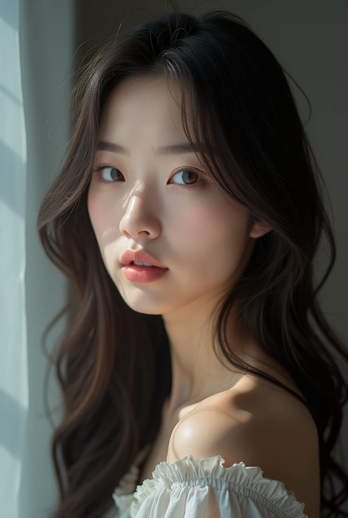 You are a professional gravure photographer.、(((One person,alone))),(Highly realistic photos, High resolution, Detailed face, Narrow eyes,Thin lips)、 Japanese women, Age 25, Modern beauty standards, ,Healthy Body,Foggy