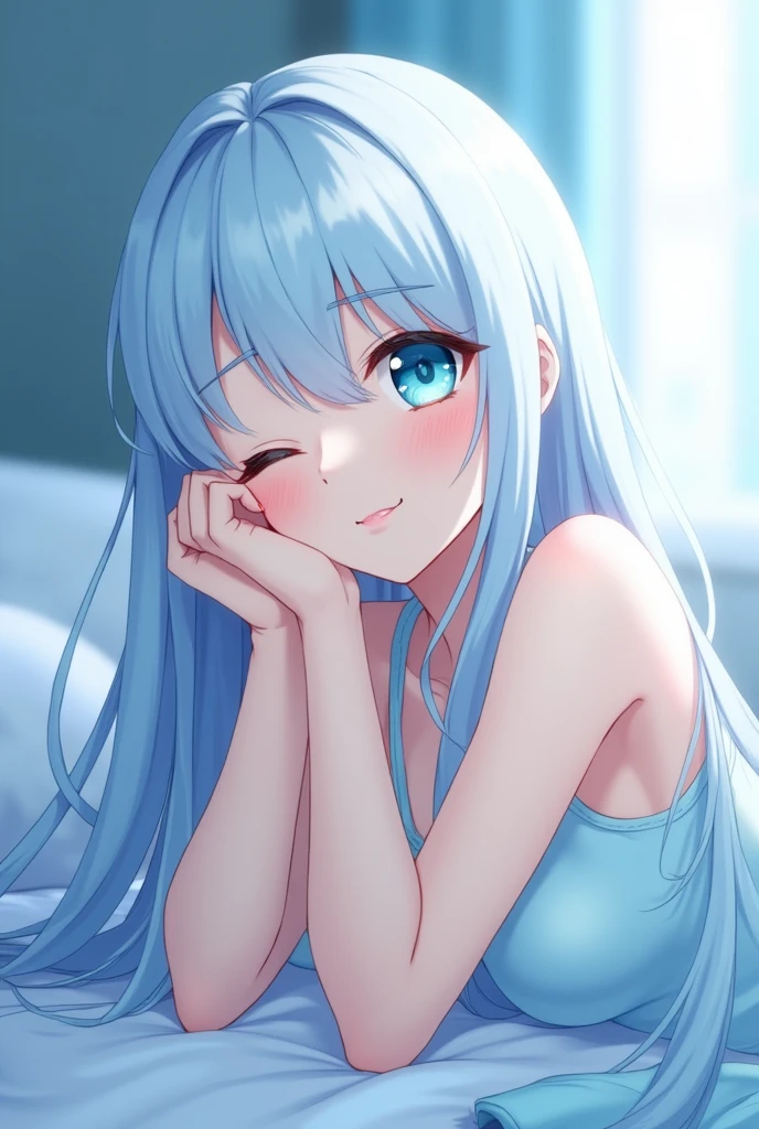 Fair skinned woman with long straight light blue long hair and turquoise blue eyes WAKING UP as she opens one eye and smiles LEANING on pillow sideways MYSTIC MESSENGER STYLE ANIMATED