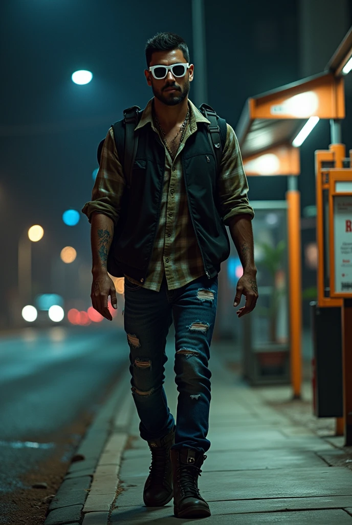 Young brown man, black short hair, hurt nose, hurt hands, 20 years old white sunglasses,  rock'n roll style black clothes, plaid shirt, combat boots, black vest, backpack on his back, walking along a street at night, bus stop behind him, lamppost lighting on top of him, city background at night with bus stop, behind him, full body image