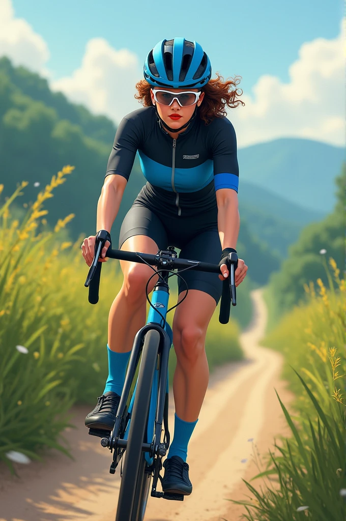 A brunette cyclist on a mountain bike with short curly brown hair, using rust lipstick, cycling glasses in transparent white color, black shorts and blue and black cycling jersey, wearing blue helmet, blue socks and black sneakers, cycling in a rural area.