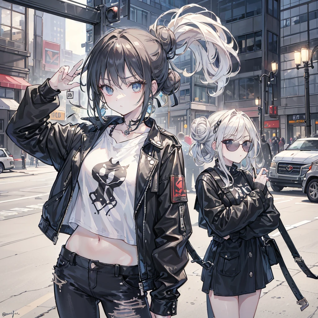 (masterpiece:1.2, best quality), 1. Ms., Solitary, Upper Body, Big , Chic and avant-garde leather jacket with white T-shirt and ripped jeans,Light makeup and messy bun,Confident and relaxed (Music festivals or trendy downtown neighborhoods) Statement sunglasses and large jewelry, Comes with a convenient crossbody bag
