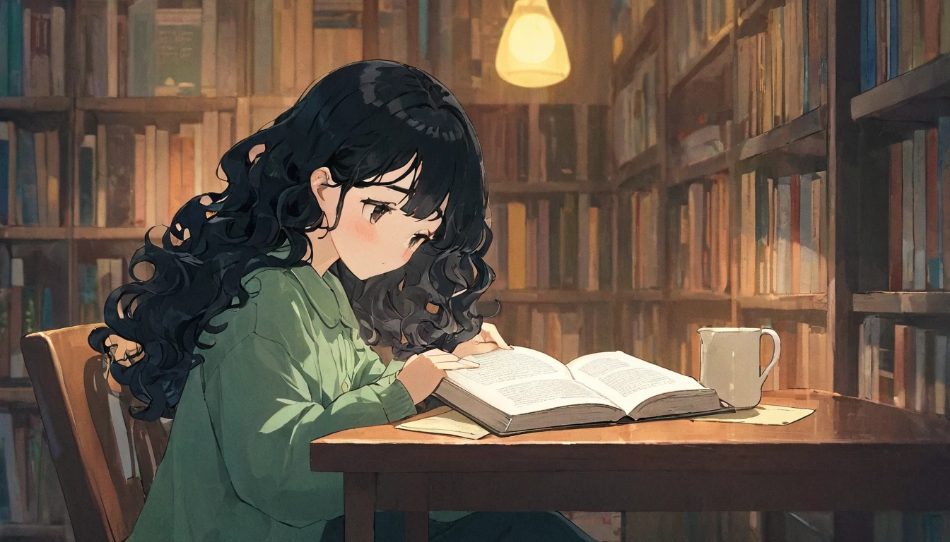 Lofi girl with black wavy hair reading a book sitting at a table