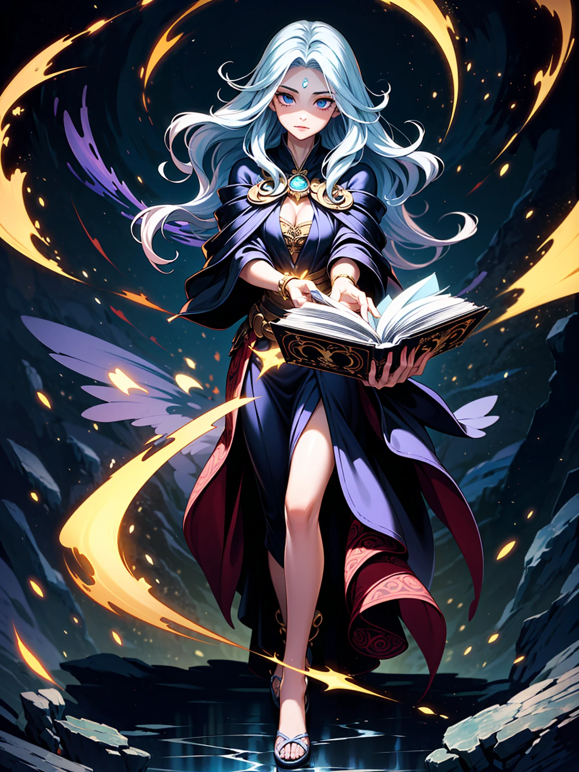 (((masterpiece, best quality, high detailed, 16k))) (1girl) A powerful sorceress with long, cascading hair that transitions from deep midnight blue to bright silver at the tips. Her sharp, golden eyes gleam with intelligence, and she is adorned in robes of rich burgundy and black, decorated with ancient arcane symbols. In her hand, she holds a large, open book filled with glowing spells. ((full body view))