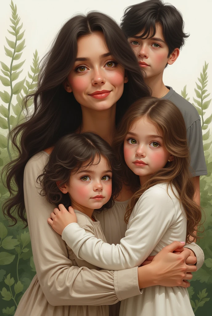A woman with long, wavy hair and brown eyes, mother of an older and a younger, with the green-eyed and dark-haired father, blackw